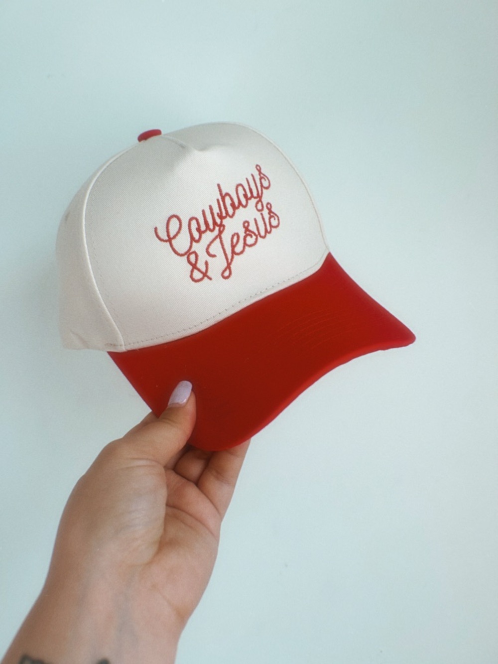 Cowboys & Jesus Script Trucker Hat - White & Red